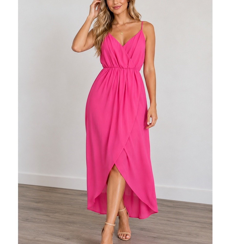 Lush Womens Hot Pink High Low Maxi Dress Size M V-Neck Girly Spaghetti Strap
